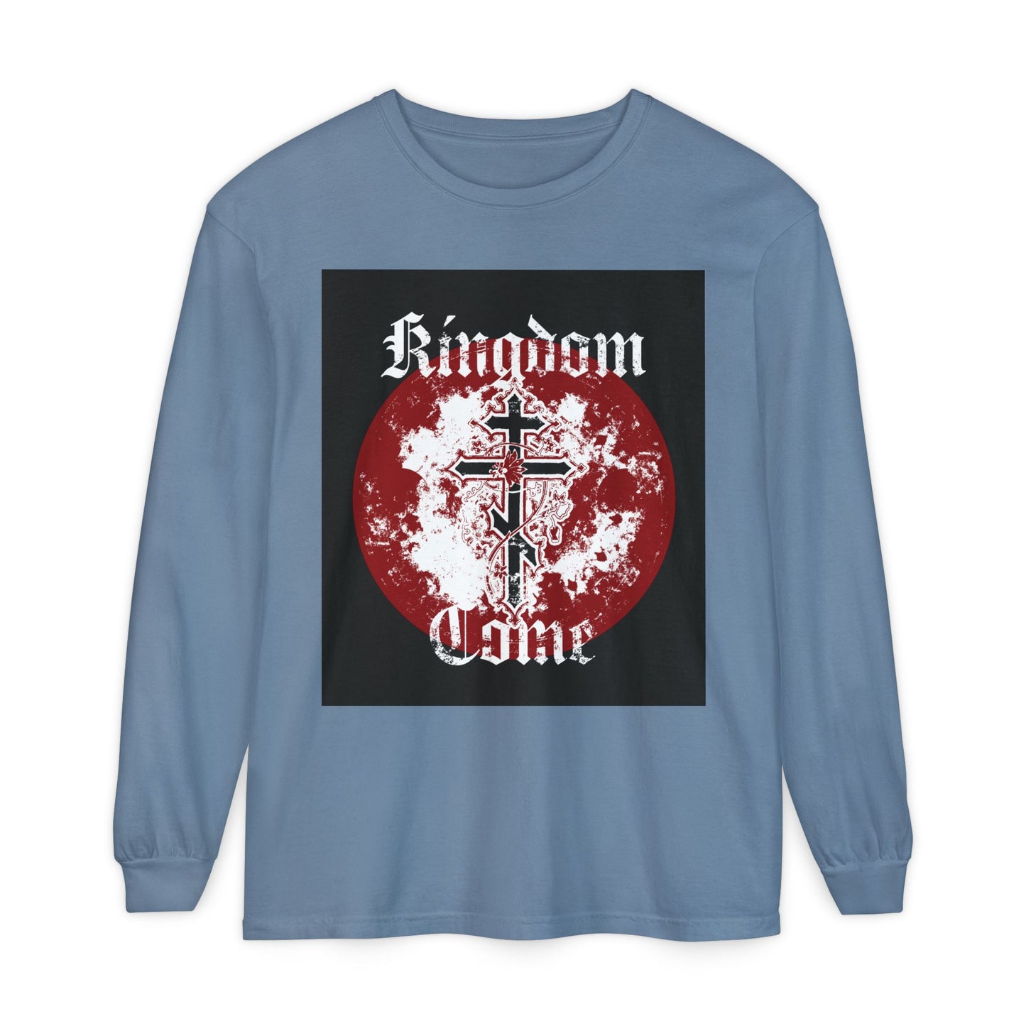 Kingdom Come | Lord's Prayer | Orthodox Cross with Vine | Textured Gothic Font | Orthodox Long Sleeve Cotton Shirt