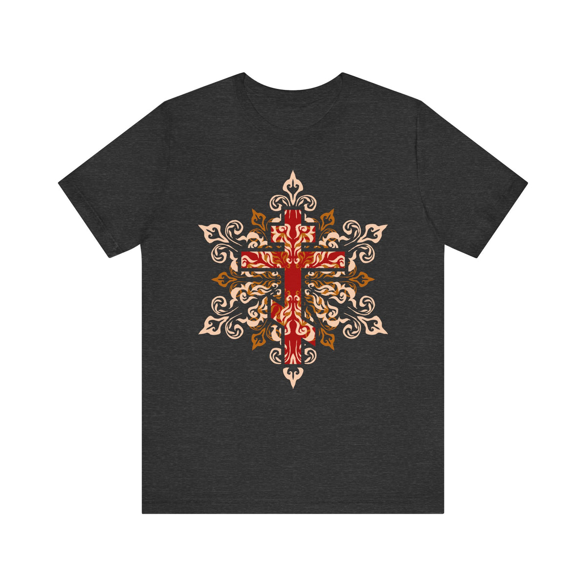 Dark Grey Heather unisex lightweight cotton tee featuring an ornate red, beige, and orange Orthodox cross with symmetrical floral patterns, inspired by St. Clement of Alexandria’s call to bear the cross and embrace daily self-denial. Design reads: "Glory to Thy Precious and Life-Giving Cross, O Lord.