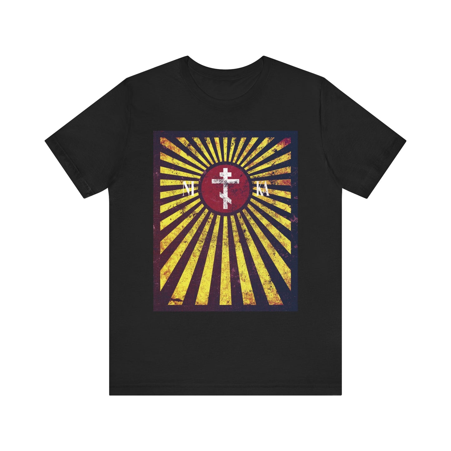 Introducing the NIKA Red Rising Sun Cross with Golden Rays Orthodox Christian T-shirt—a black, lightweight cotton unisex tee featuring a distressed textured flag design with radiant golden rays, a bold red center, and a prominent white cross at the heart. This striking symbol represents the ladder to Heaven and serves as a reminder that each of us carries our own cross.