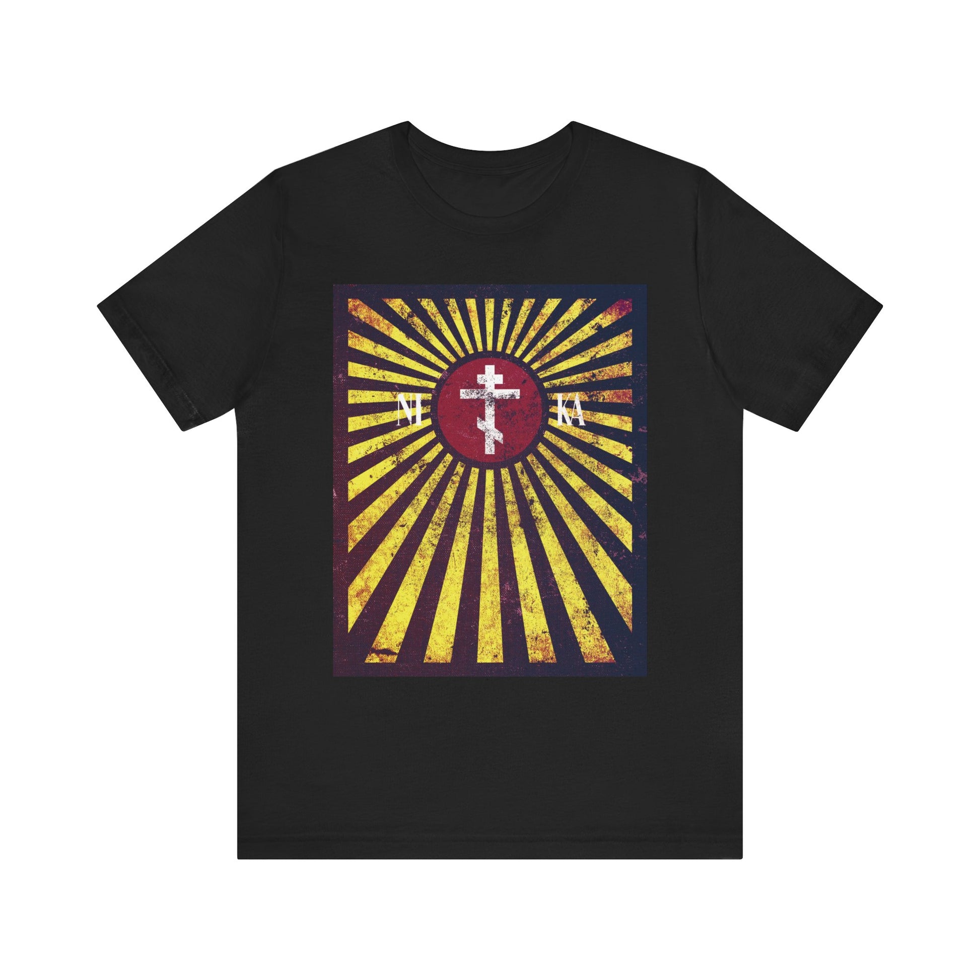 Introducing the NIKA Red Rising Sun Cross with Golden Rays Orthodox Christian T-shirt—a black, lightweight cotton unisex tee featuring a distressed textured flag design with radiant golden rays, a bold red center, and a prominent white cross at the heart. This striking symbol represents the ladder to Heaven and serves as a reminder that each of us carries our own cross.