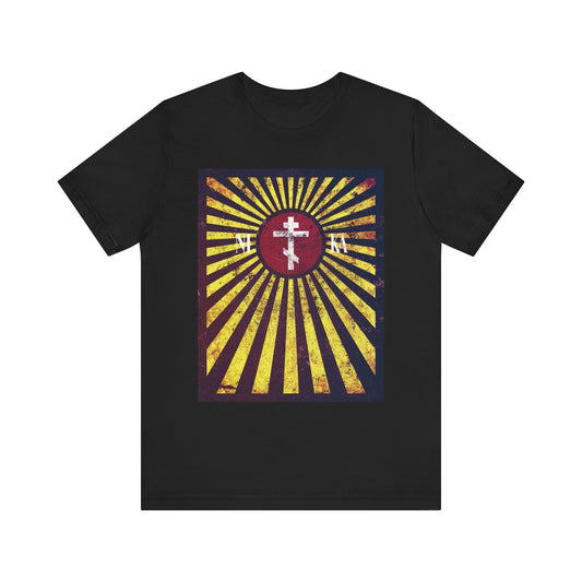 NIKA Red Rising Sun Cross with Golden Rays | Distressed Textured Flag Design | Orthodox Christian Lightweight Cotton Unisex T-Shirt