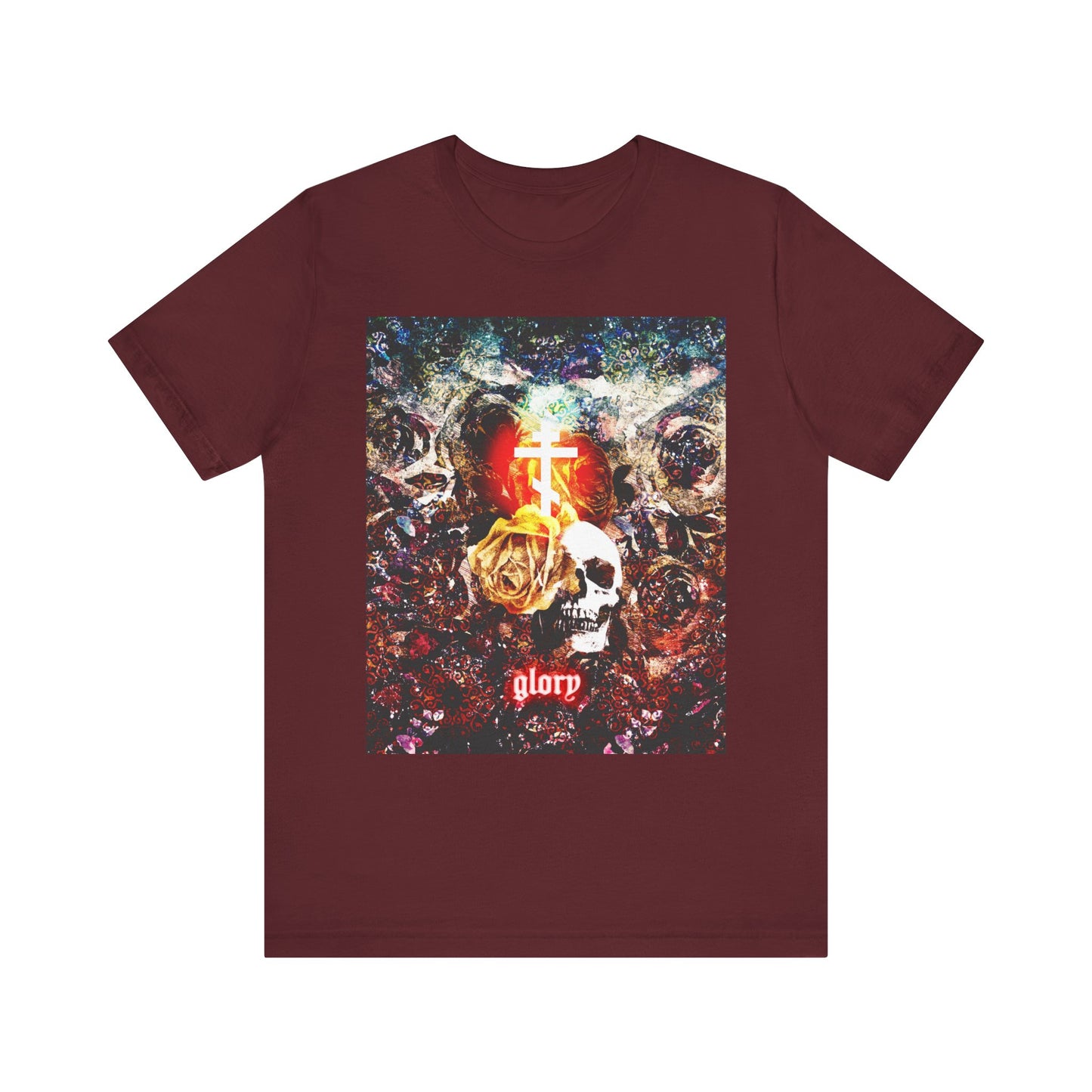 Maroon "Now the Son of Man is Glorified (John 13:31)" lightweight cotton unisex tee featuring a vivid graphic of skulls, roses, and a glowing cross, inspired by the Last Supper and Judas Iscariot’s betrayal of Jesus, with "glorp" printed at the bottom.