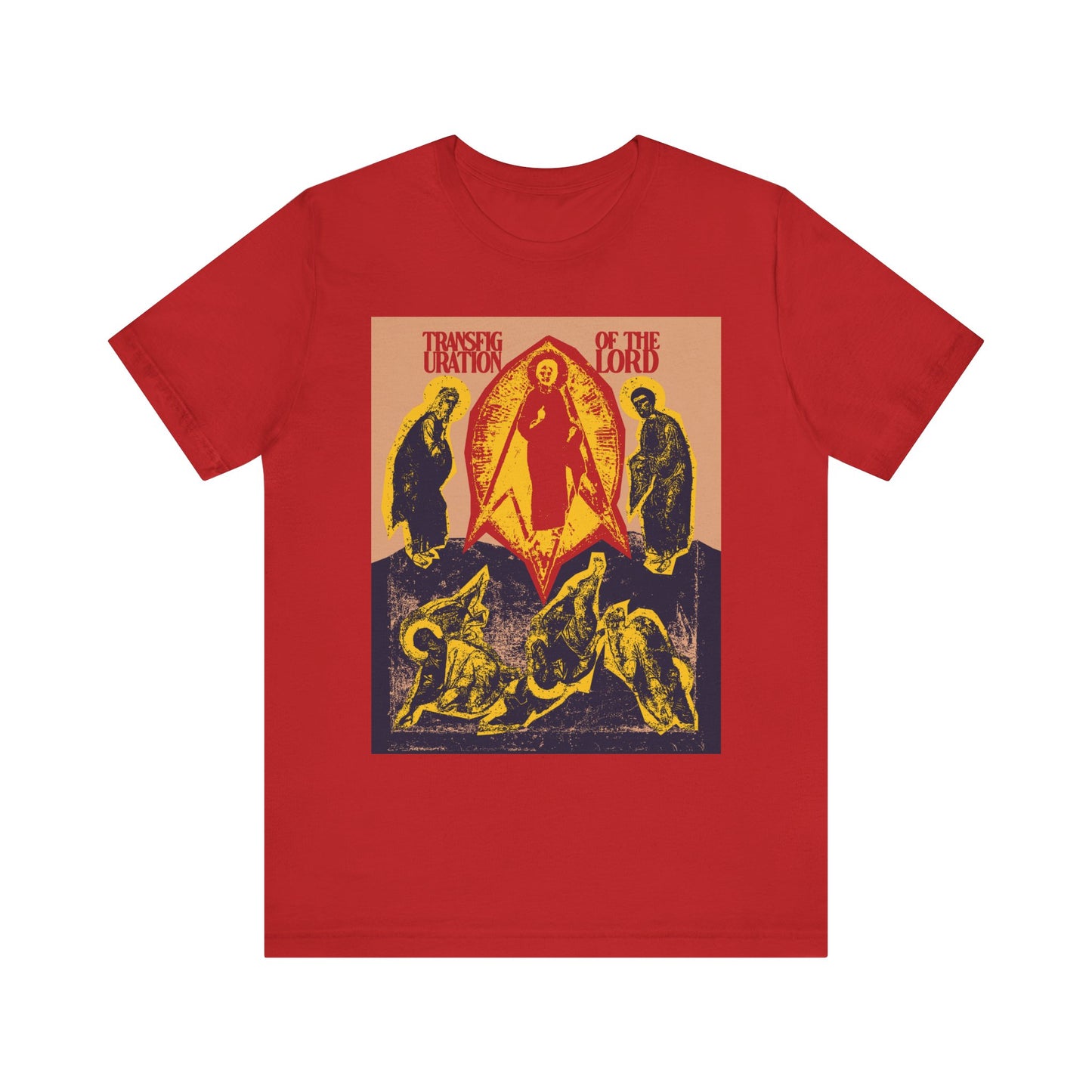 Red "Transfiguration of the Lord Icono-Graphic" tee features Orthodox Christian punk zine cut-out art inspired by the Troparion, with three figures and a glowing center. Lightweight cotton unisex fit.