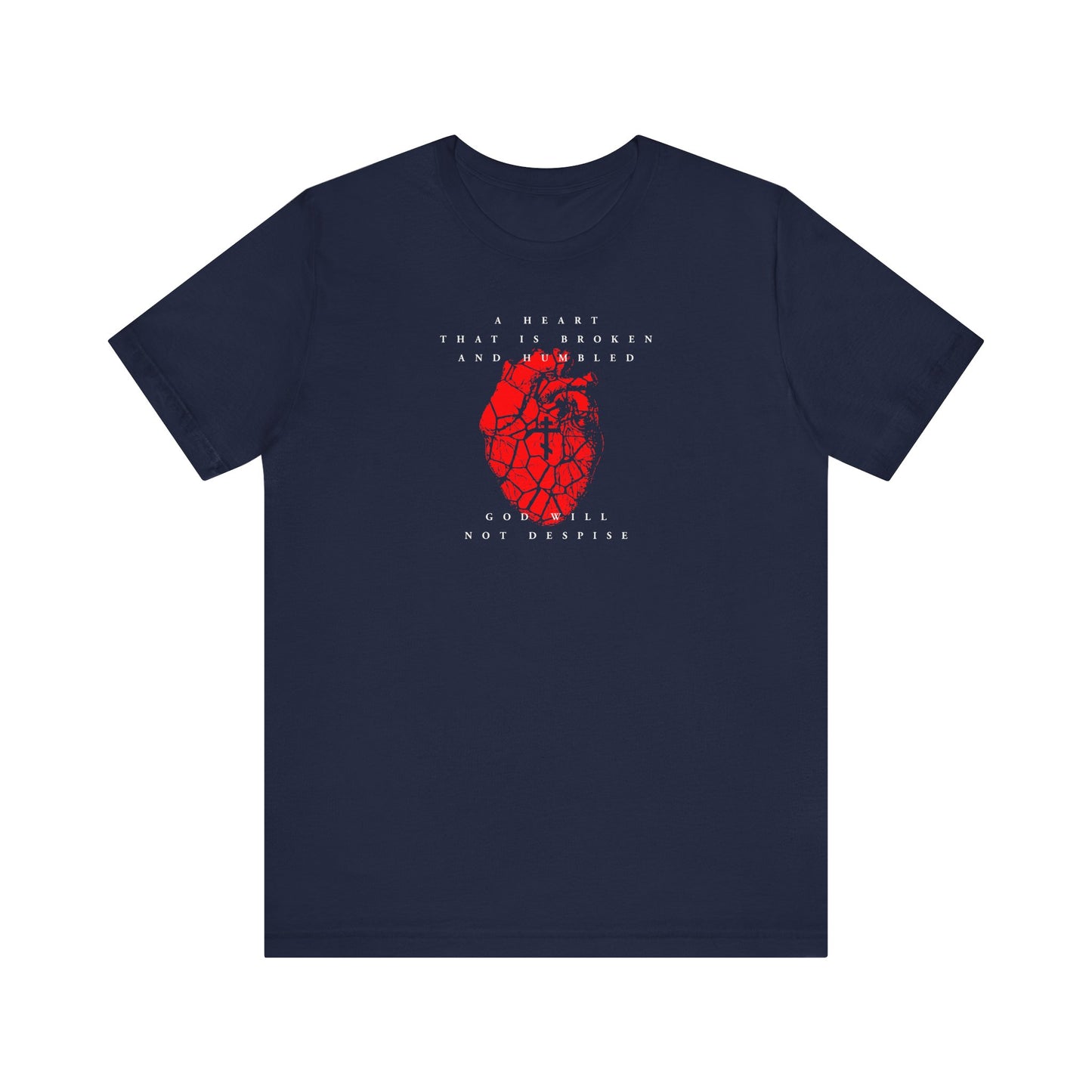 Navy lightweight cotton unisex t-shirt features a cracked red heart with an Orthodox cross and the text “A heart that is broken and humbled God will not despise,” inspired by Psalm 50.