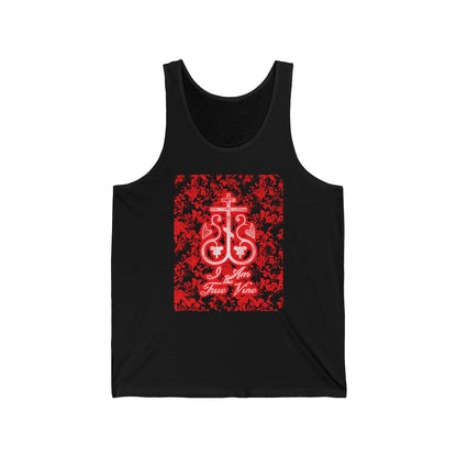 I Am the True Vine (John 15:1) | Orthodox Cross Vine Monogram | Red and Black Floral Design | Orthodox Christian Jersey Tank Top / Sleeveless Shirt