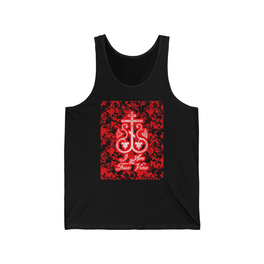 I Am the True Vine (John 15:1) | Orthodox Cross Vine Monogram | Red and Black Floral Design | Orthodox Christian Jersey Tank Top / Sleeveless Shirt
