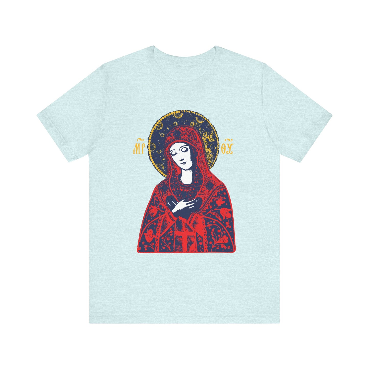 Heather Prism Ice Blue unisex t-shirt featuring the Joy of All Joys Tenderness Theotokos, based on traditional Orthodox iconography—depicting a woman in a red robe with a gold halo. Lightweight cotton, Christian design.