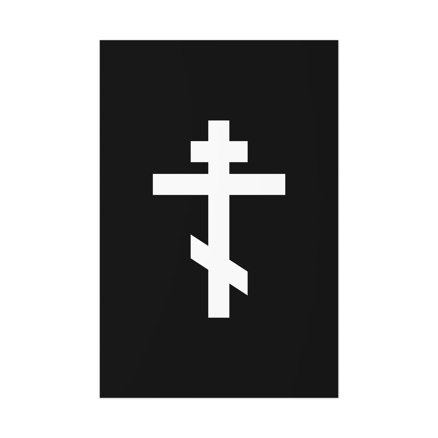 White Orthodox Cross on Black Background | With our voices let us shout and magnify the Precious Cross in hymns | Christian Art Poster