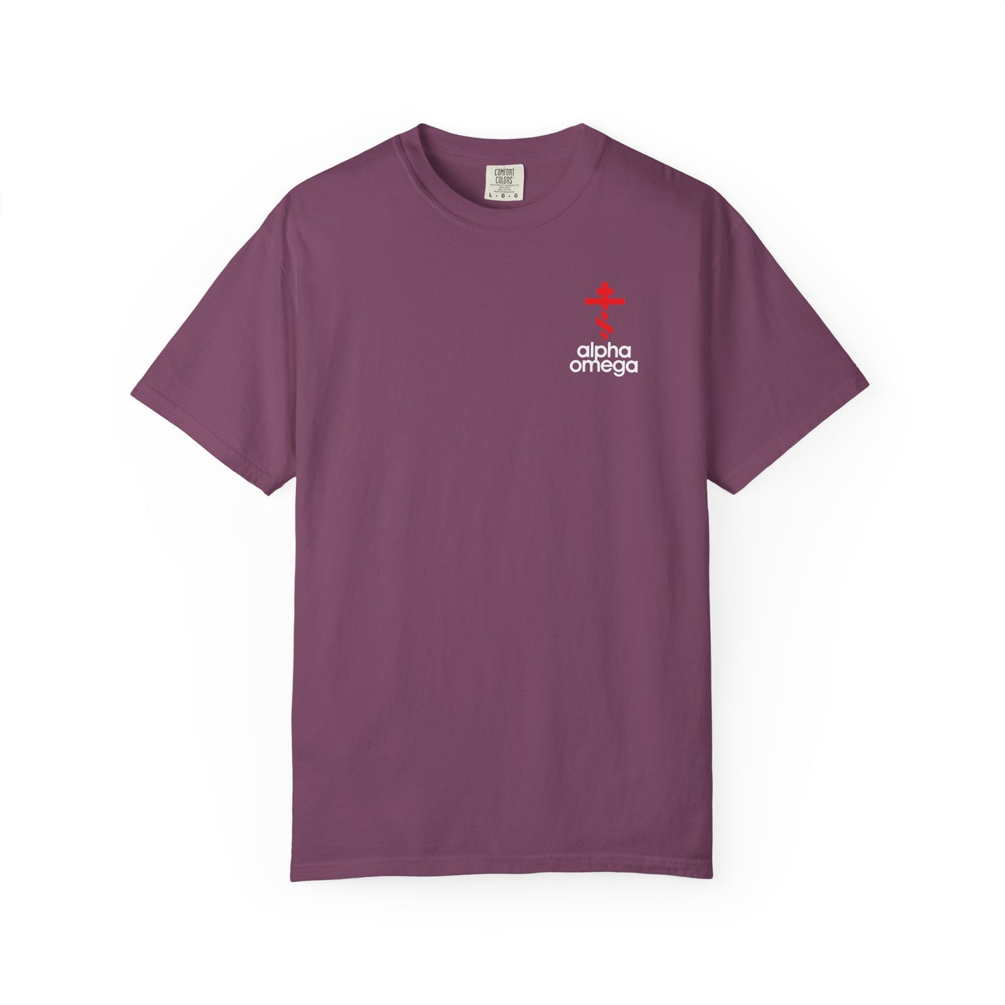 Alpha & Omega Red Orthodox Cross (Small Design) | Minimalist Adidas Inspired Logo Mashup | Christian Heavyweight Cotton Unisex Tee