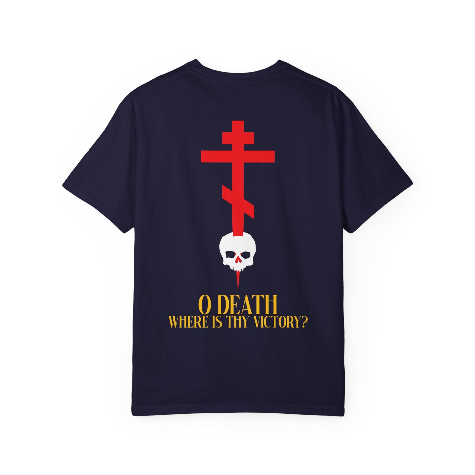 Introducing the "O Death Where is Thy Victory? BACK" Heavyweight Cotton Unisex Tee: featuring a bold red Orthodox cross on the front left chest, an eye-catching graphic of a cross stabbing a skull with blood on the back, and striking yellow text declaring, "O Death Where Is Thy Victory?"—a powerful proclamation of the Resurrection's triumph.
