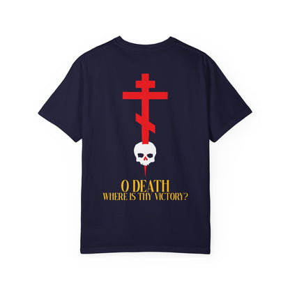 Introducing the "O Death Where is Thy Victory? BACK" Heavyweight Cotton Unisex Tee: featuring a bold red Orthodox cross on the front left chest, an eye-catching graphic of a cross stabbing a skull with blood on the back, and striking yellow text declaring, "O Death Where Is Thy Victory?"—a powerful proclamation of the Resurrection's triumph.