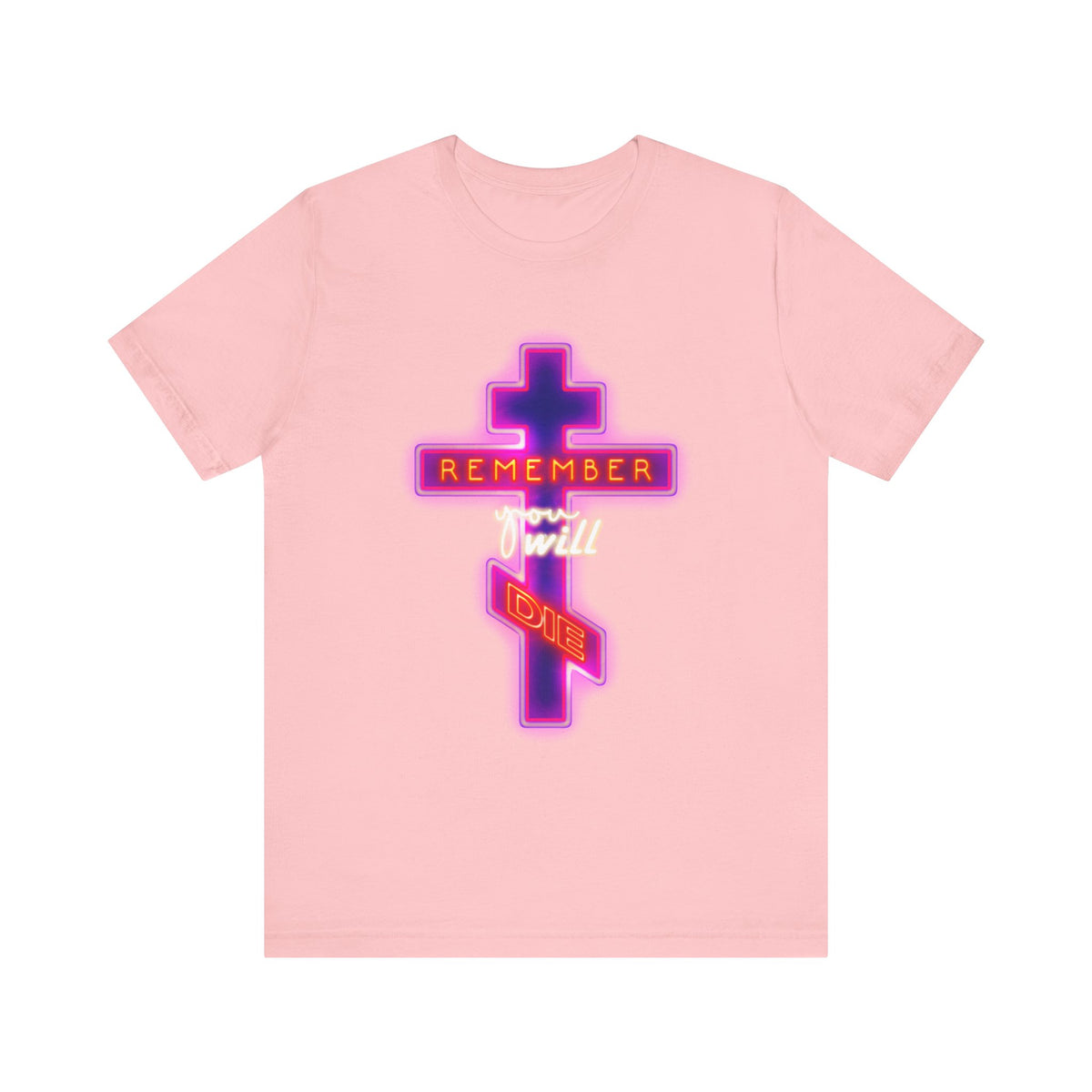 Introducing our "Remember You Will Die Neon Orthodox Cross Design" tee—a pink, lightweight cotton unisex shirt featuring a vibrant neon Orthodox cross and the phrase "Remember You Will Die" in bold, colorful lettering. Inspired by the ancient memento mori tradition, this Orthodox Christian t-shirt serves as a powerful daily reminder for spiritual transformation.