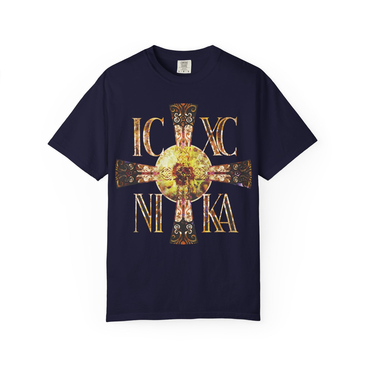 True Navy ICXC NIKA Celtic Style Equal Armed Cross tee featuring a bright solar textured cross, ornate central medallion, and Greek letters IC XC NI KA—symbolizing the Theotokos and the triumph of the never-setting Sun. Crafted from heavyweight Orthodox cotton in a unisex fit.