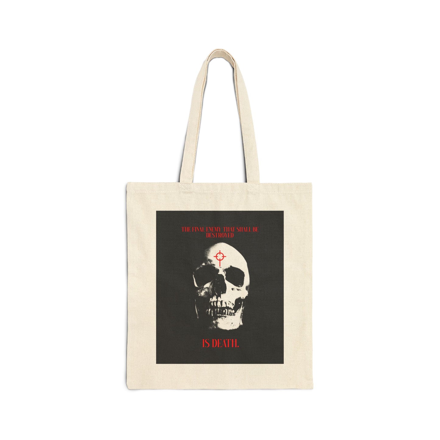 The Final Enemy That Shall Be Destroyed (1 Cor 15:26) | Skull in Crosshairs | Gothic Style Orthodox Christian Tote Bag