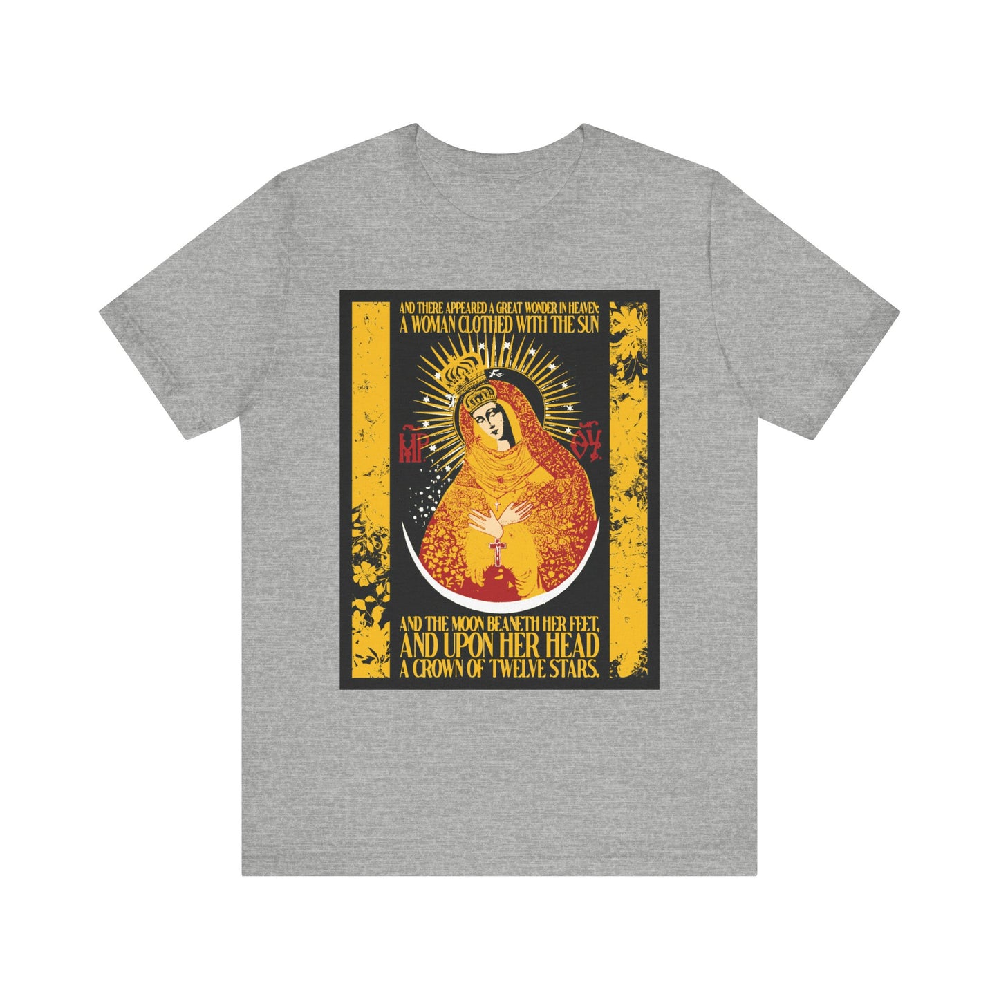 Athletic Heather unisex tee with gold floral Our Lady the Gate of Dawn design; features the Theotokos as Woman of the Apocalypse (Rev 12:1), referencing "the woman clothed with the sun." Lightweight cotton.