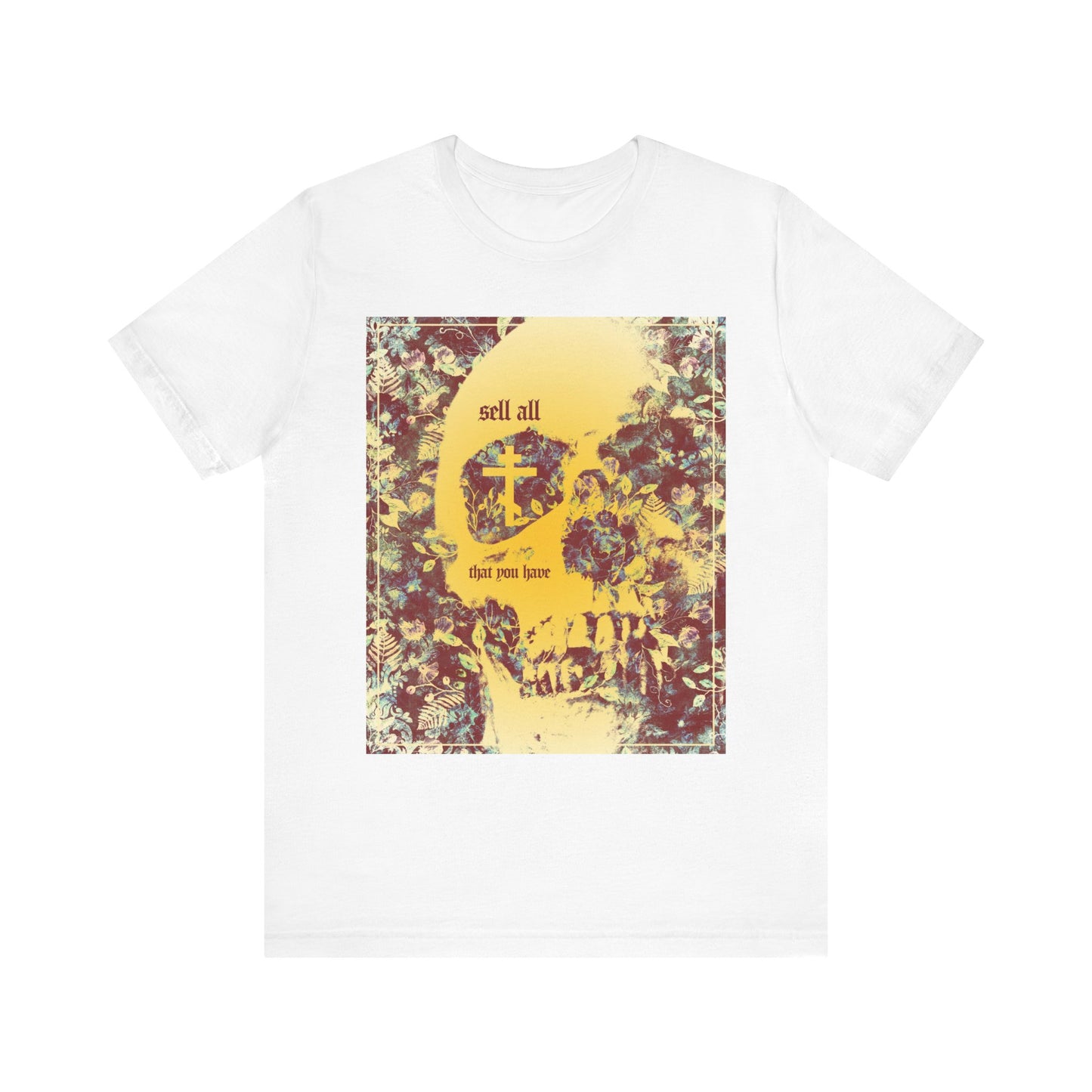 This lightweight white cotton unisex tee features an Orthodox cross, a striking yellow skull with a floral border, and the phrase “sell all that you have”—an ascetic aesthetic inspired by the Christian path to the kingdom of heaven.