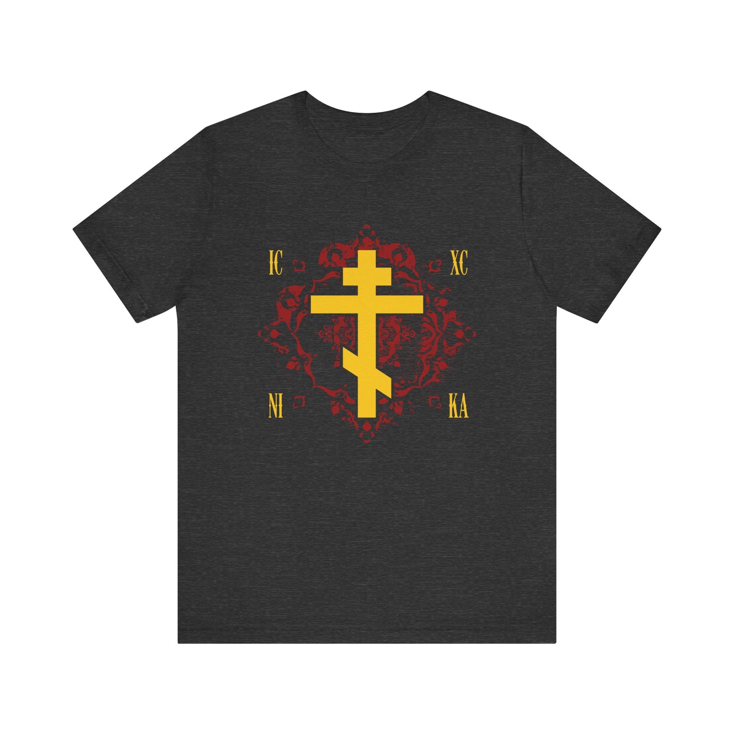 Dark Grey Heather t-shirt featuring the ICXC NIKA yellow Orthodox Cross on an ornate red background with Greek letters in yellow, inspired by St Kozmas Aitolos and embodying the grace of sonship; a Christian lightweight cotton unisex design commemorating "Jesus Christ Conquers.