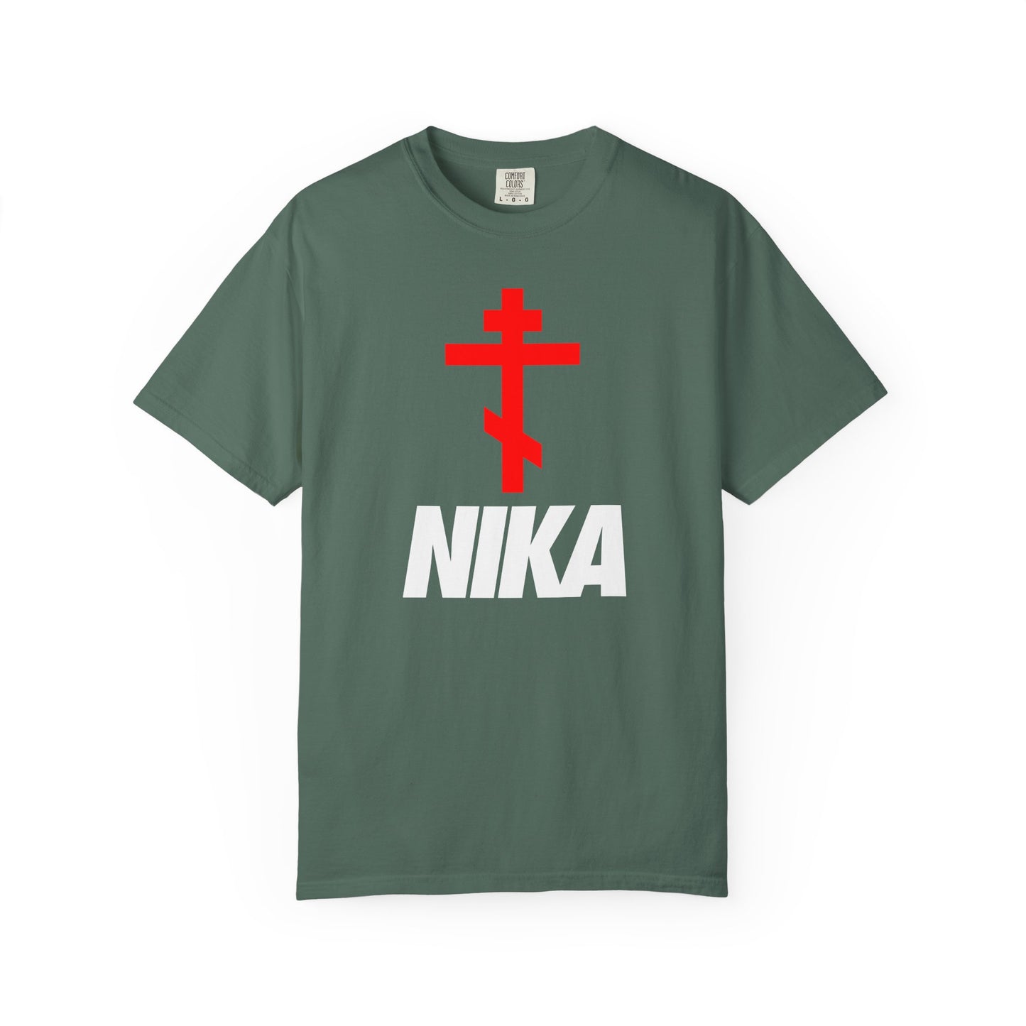 Blue Spruce T-shirt featuring an Orthodox cross above bold white NIKA text in a minimalist, Nike-inspired design; heavyweight cotton unisex tee symbolizes victory and spiritual promise.