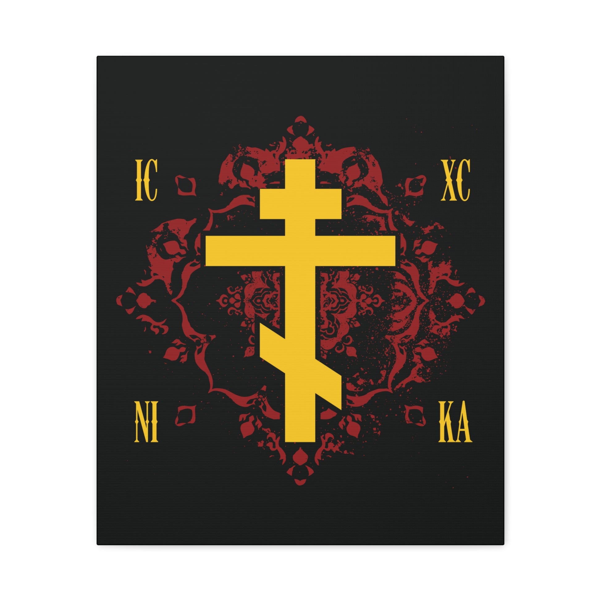 The ICXC NIKA Yellow Russian Cross on an ornate red background design celebrates Jesus Christ’s victory, featured in this Orthodox Christian canvas art.