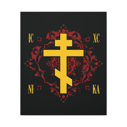 The ICXC NIKA Yellow Russian Cross on an ornate red background design celebrates Jesus Christ’s victory, featured in this Orthodox Christian canvas art.