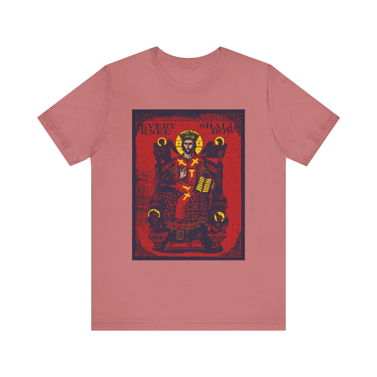 Mauve "Every Knee Shall Bow" t-shirt—Christ Enthroned IconoGraphic (Phil 2:8-11, Isa 45:23), features royal figure art and Ezekiel's Chariot on lightweight cotton unisex fabric.