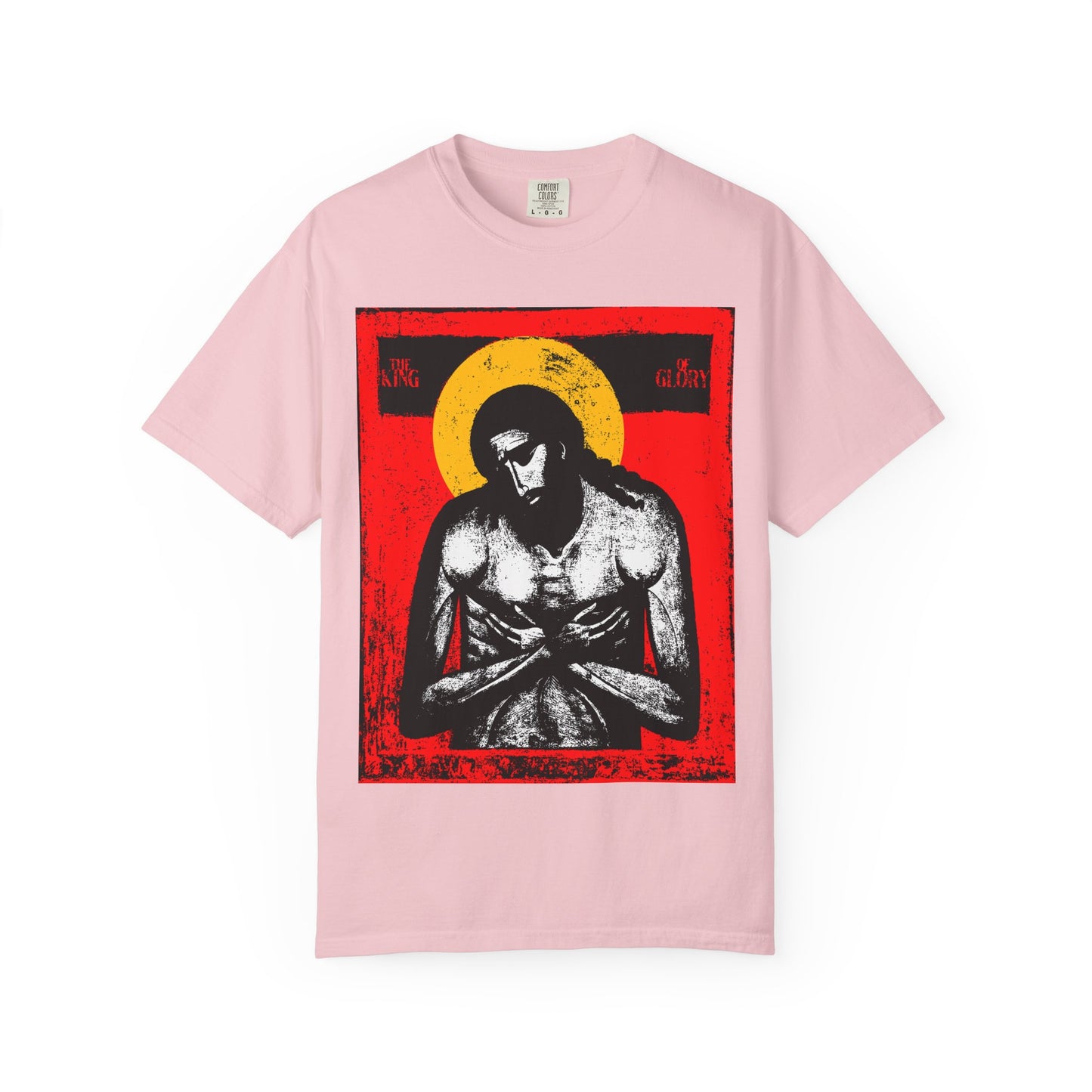 The King of Glory Jesus Christ "Extreme Humility" IconoGraphic tee in Blossom features a graphic of Christ with a yellow halo on a red and black background, inspired by Isaiah 53 and themes of sacrifice, on heavyweight cotton.