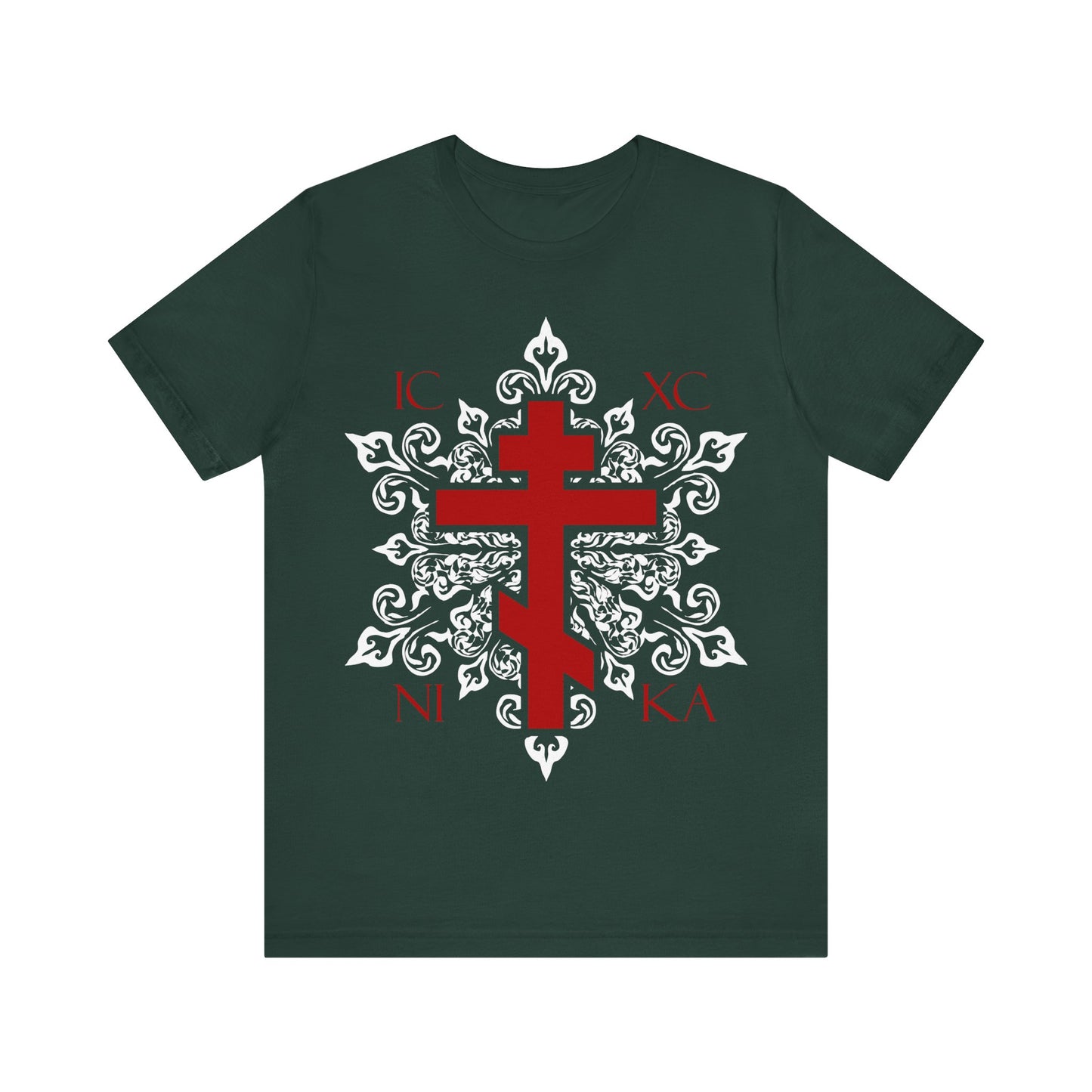 The ICXC / NIKA Red Orthodox Cross on Ornate White Medieval Floral Design tee in Forest is a best-selling unisex cotton t-shirt, making a bold Christian statement with iconic lettering and detailed floral accents.