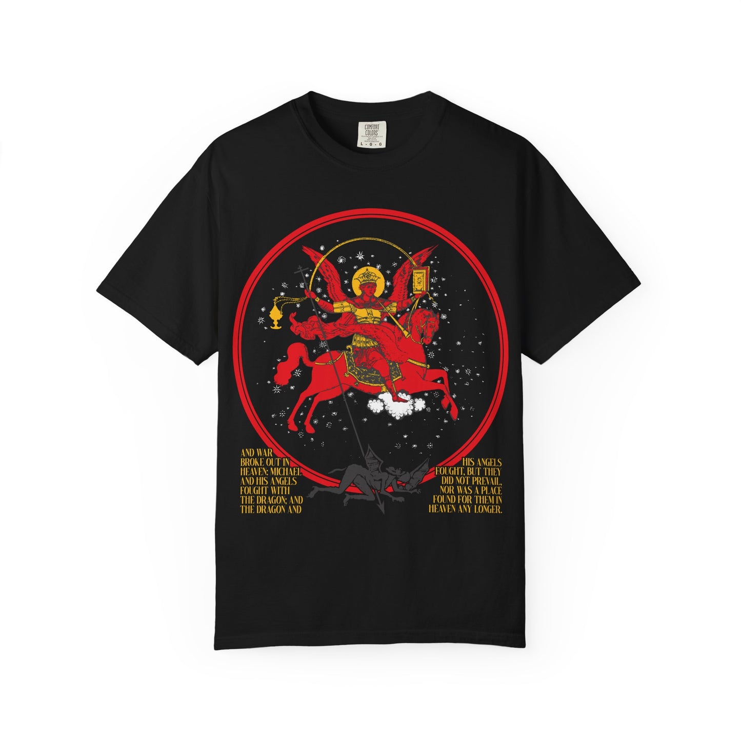 Archangel Michael of the Apocalypse Icono-Graphic | War in Heaven (Rev 12:7-9) | Satan Cast Out | Heavyweight Cotton Unisex T-Shirt