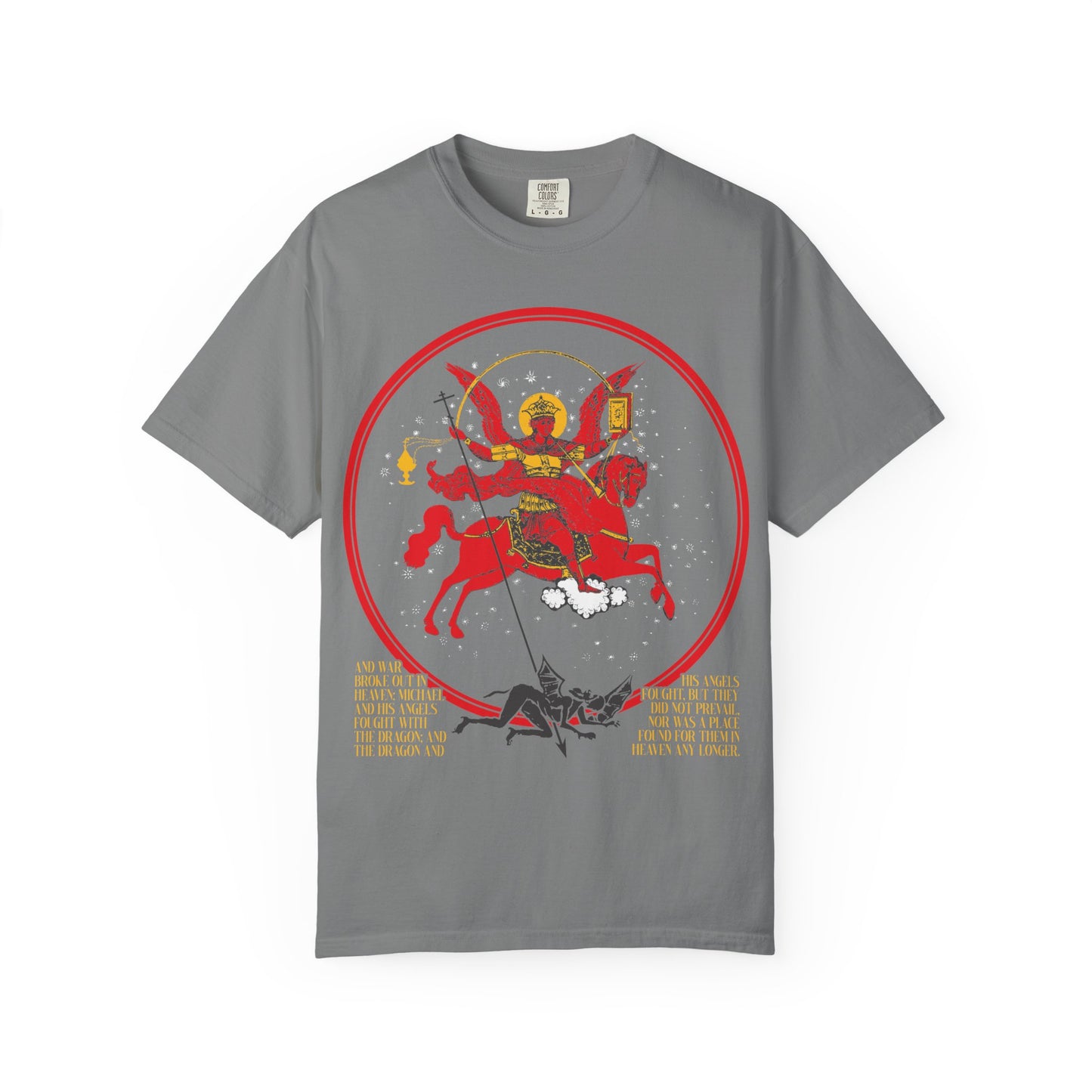 Archangel Michael of the Apocalypse Icono-Graphic | War in Heaven (Rev 12:7-9) | Satan Cast Out | Heavyweight Cotton Unisex T-Shirt
