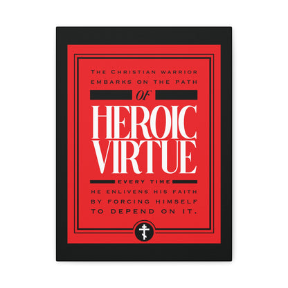 Red and black "Christian Warrior | Path of Heroic Virtue" wall art with white devotional quote (Phil 4:13), cross icon, and bold faith-inspired design—a powerful reminder of Christian strength and ascetic ethos.
