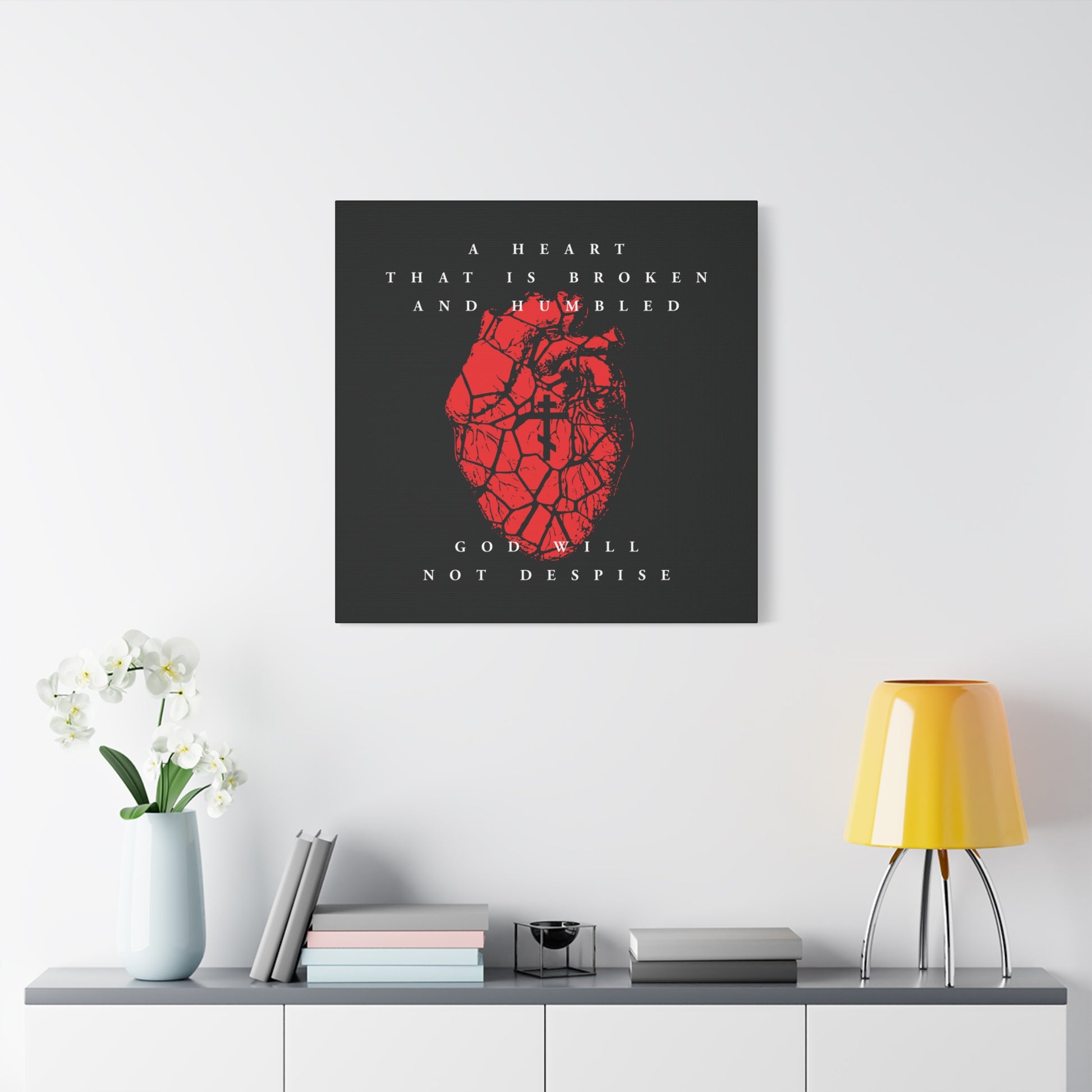 “A Heart That is Broken and Humbled God Will Not Despise” Christian canvas art features a red cracked heart with Orthodox cross, symbolizing repentance and forgiveness, inspired by Psalm 51. Perfect above a modern sideboard.