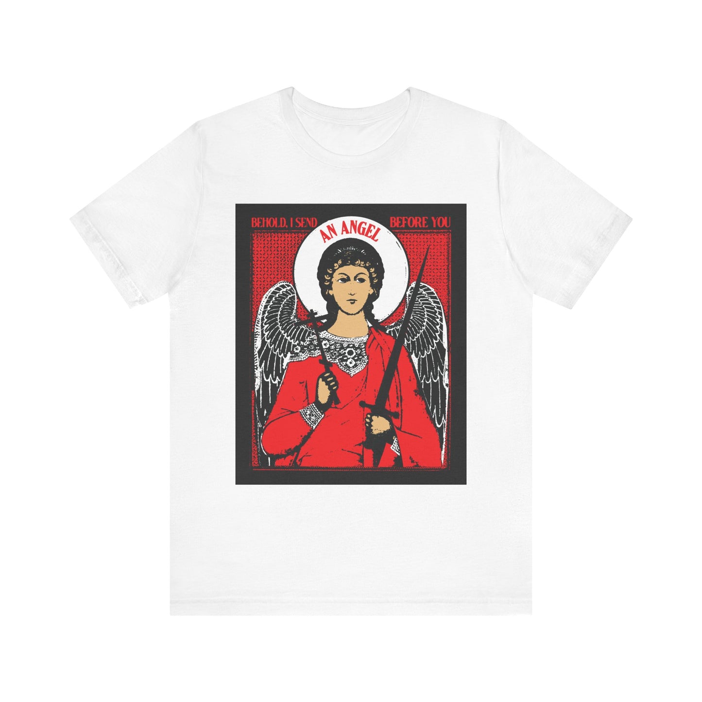 White unisex cotton tee featuring a red and black graphic of a guardian angel with cross and sword, inspired by Exodus 23:20, with the text "Behold I Send an Angel Before You.