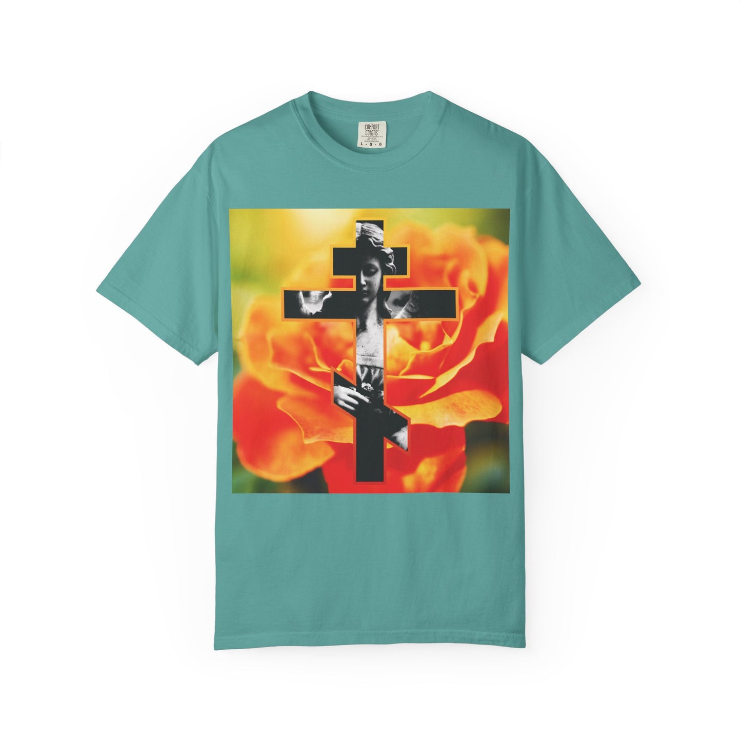Seafoam tee featuring a cemetery statue angel cross over an orange rose, with “Remember You Will Die” (Memento Mori) motif, inspired by Orthodox Christian tradition and the message of St. Paul.