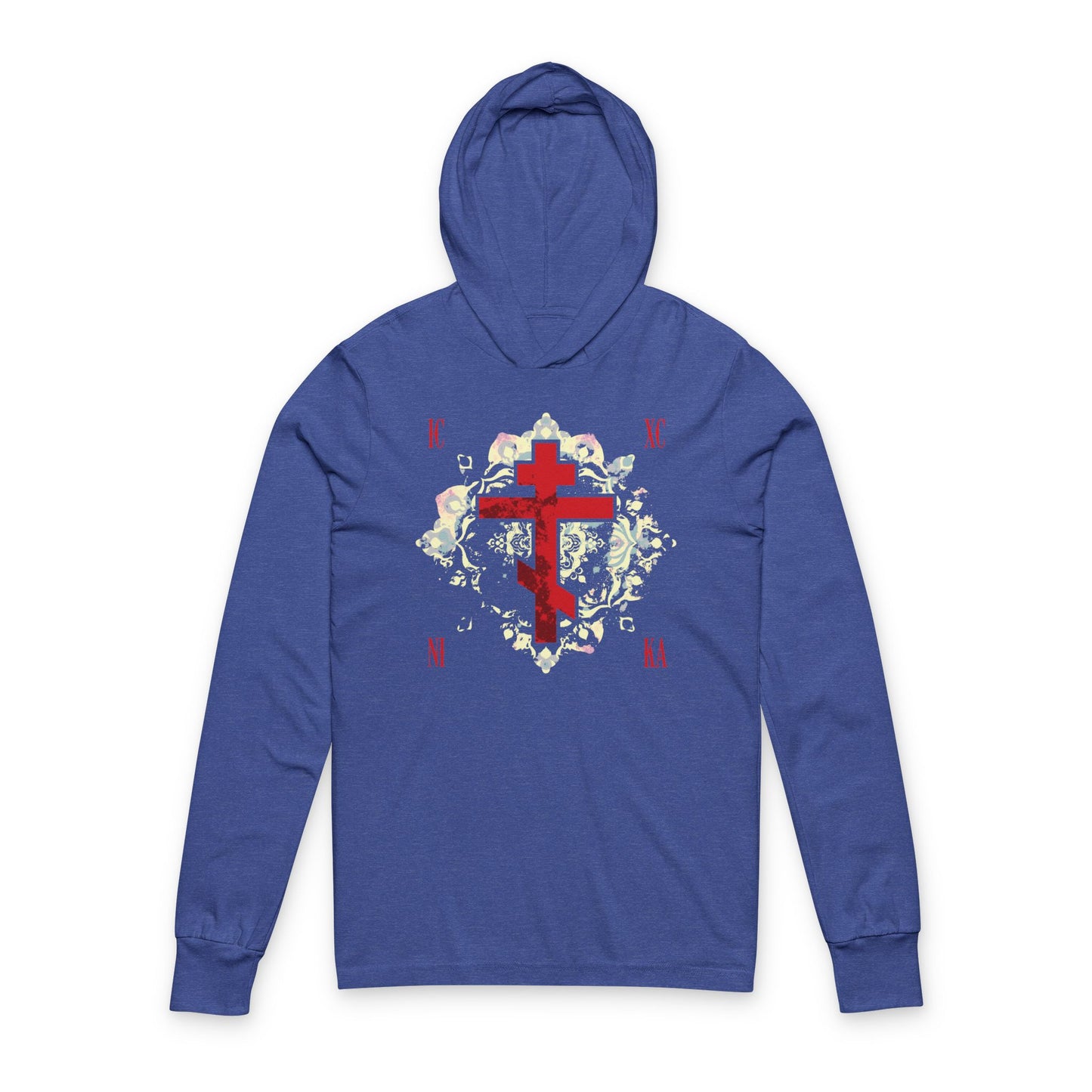 Heather true royal hooded cotton shirt with a textured red Orthodox cross and medieval floral background—ICXC NIKA means “Jesus Christ Conquers”—inspired by spiritual warfare and the teachings of St John of Kronstadt.