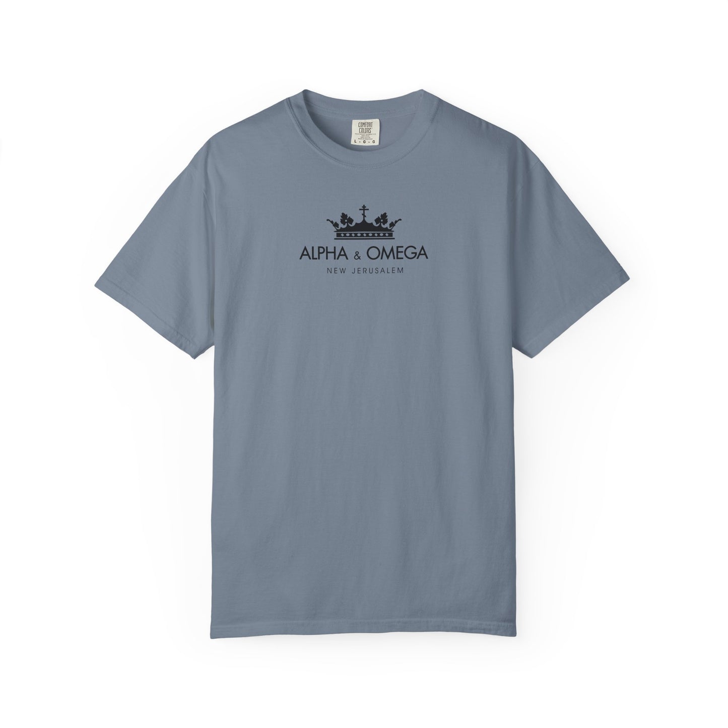 Blue Jean heavyweight cotton unisex t-shirt featuring a black crown with an Orthodox cross graphic and “ALPHA & OMEGA NEW JERUSALEM” text on the front, inspired by the mystical meaning of Alpha and Omega and echoing themes from Christ the Eternal Tao; part of the Alpha & Omega New Jerusalem Crown | Revelation | Second Coming collection.
