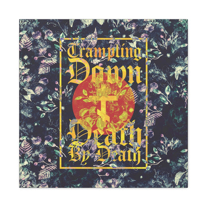Trampling Down Death By Death | Paschal Floral Design with Gothic Script and Three-Bar Cross | Orthodox Christian Canvas Art