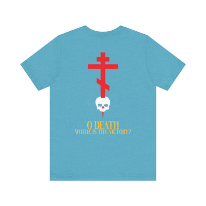 O Death Where is Thy Victory? BACK w/ Red Cross on Front Left Breast | Cross Stabbing Skull | Yellow Text | Lightweight Cotton Unisex Tee
