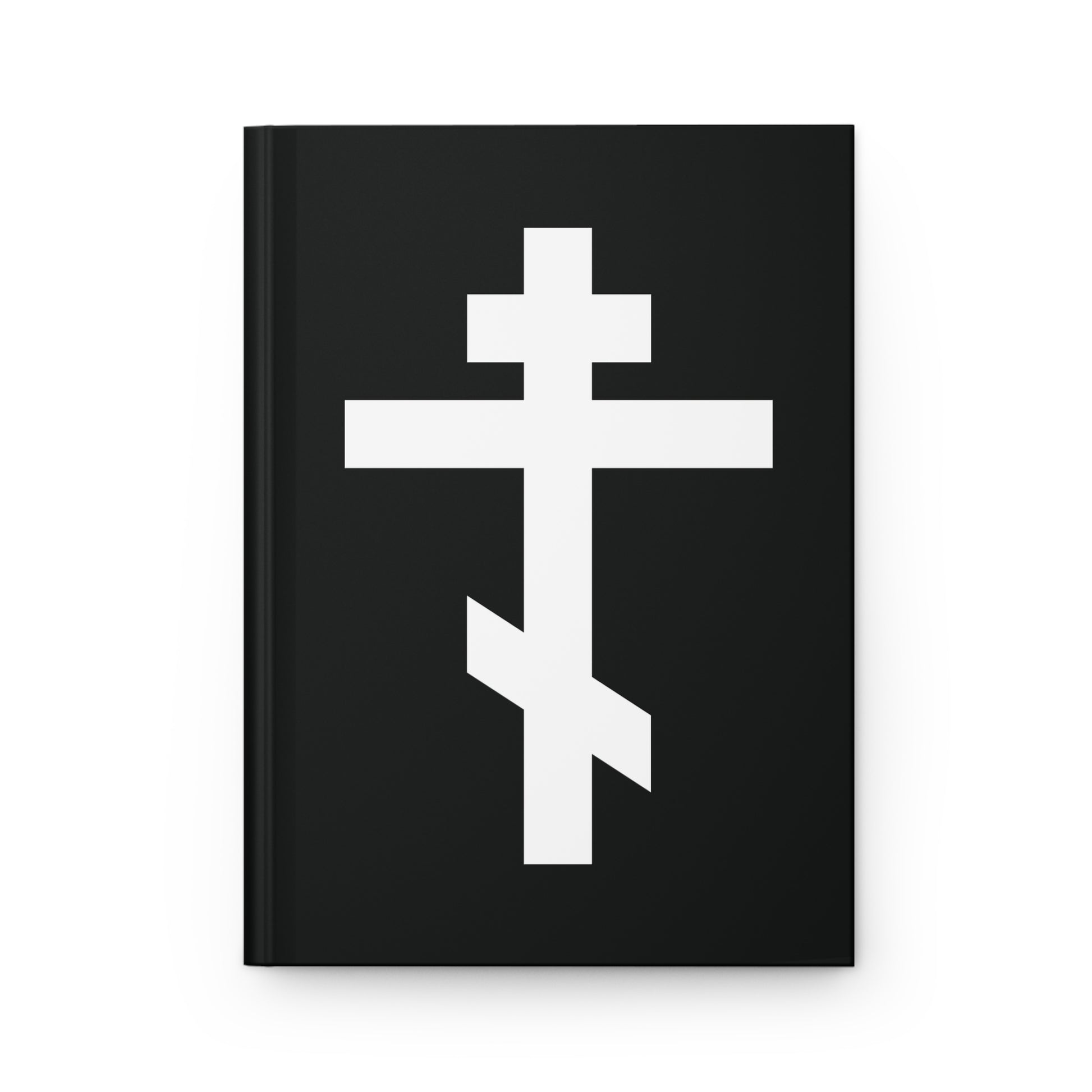 White Orthodox Cross | "May I never boast, except in the cross of our Lord Jesus Christ" (Gal 6:14) | Orthodox Hardcover Journal features a bold white cross on a black cover, symbolizing salvation, against a white background.