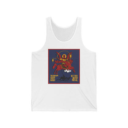 Archangel Michael of the Apocalypse IconoGraphic (Revelation 12:7-8) | Red Angel and Horse on Blue Background | Orthodox Christian Jersey Tank Top / Sleeveless Shirt