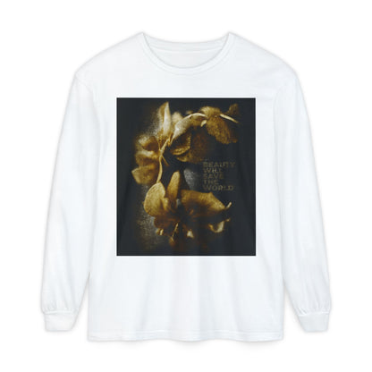 White long-sleeve Christian shirt featuring “Beauty Will Save the World” with gold flowers—photographic artwork glorifying Jesus Christ, Universal Creator & King. Ideal for those who value beauty and positive faith.