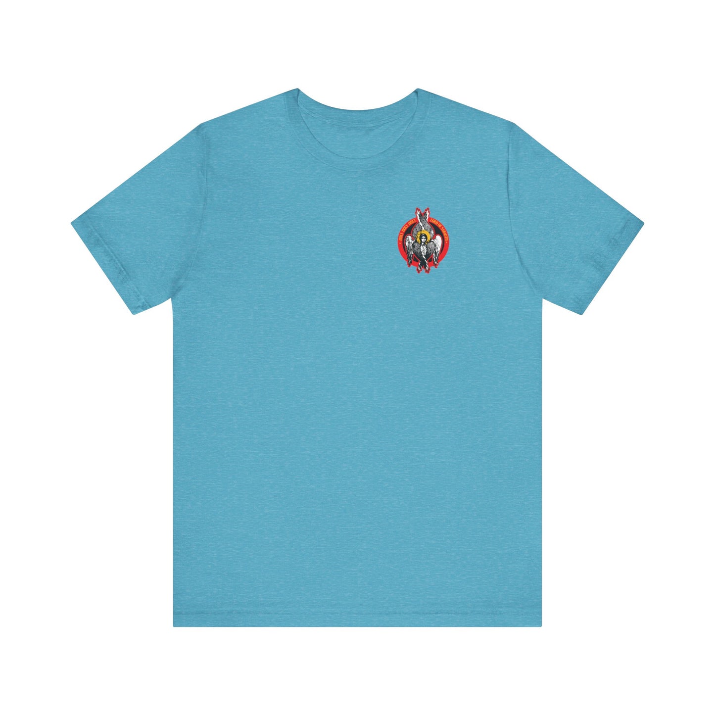 Heather aqua unisex t-shirt featuring a small, colorful seraphim angel iconographic design on the left chest, inspired by Christian themes and the Divine Council. Lightweight cotton.