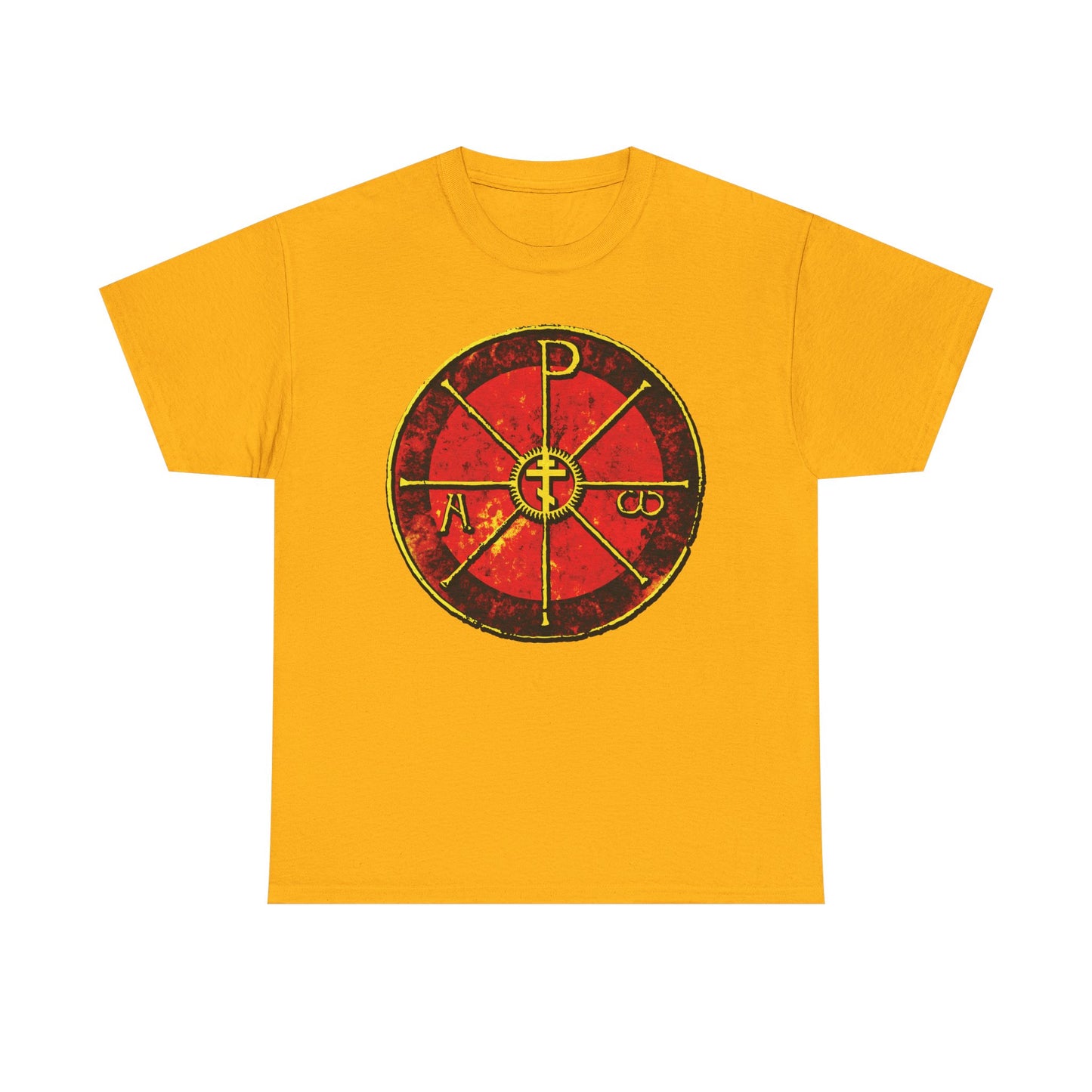 Gold T-shirt featuring a red and black Chi Rho Orthodox Cross with Greek letters P, A, and Ω, inspired by the ancient christogram seen in Milan’s Duomo. Alpha & Omega design; "In This Sign Ye Shall Conquer." Midweight cotton.