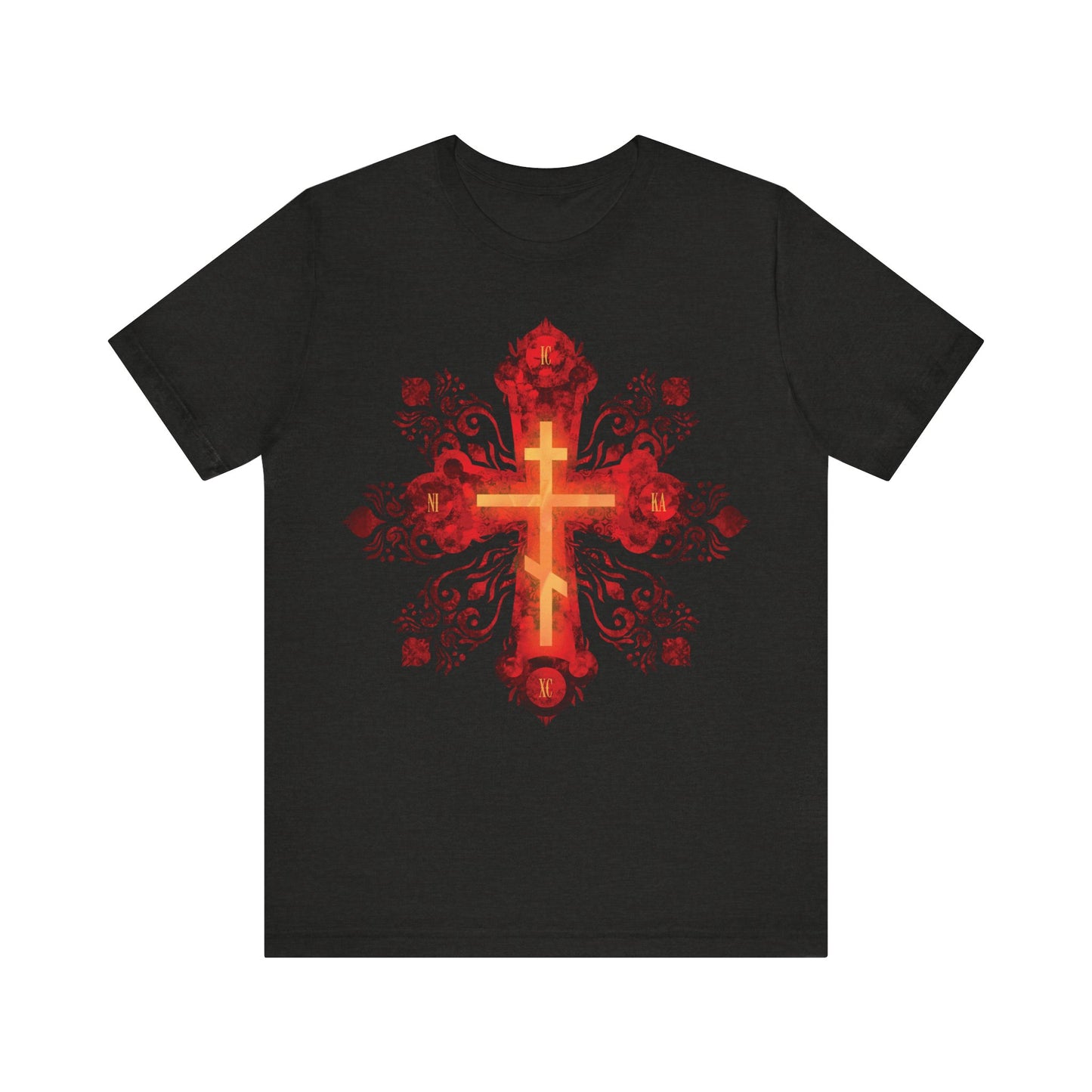 Black Heather tee featuring a red & gold ornate Russian style Orthodox cross and “He was pierced for our transgressions”—a bold Christian unisex shirt inspired by faith.