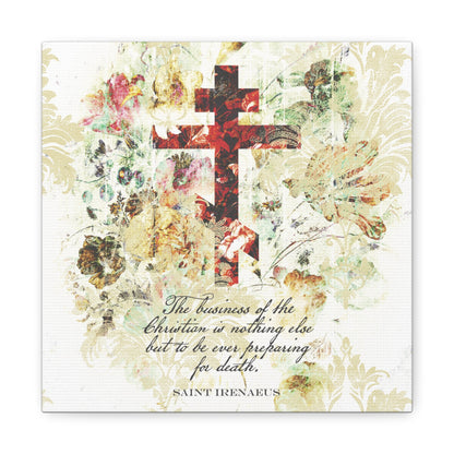 Preparing For Death | White & Beige Floral Scrapbook Texture Cross | Arts & Crafts Style | St Irenaeus | Orthodox Christian Canvas Art