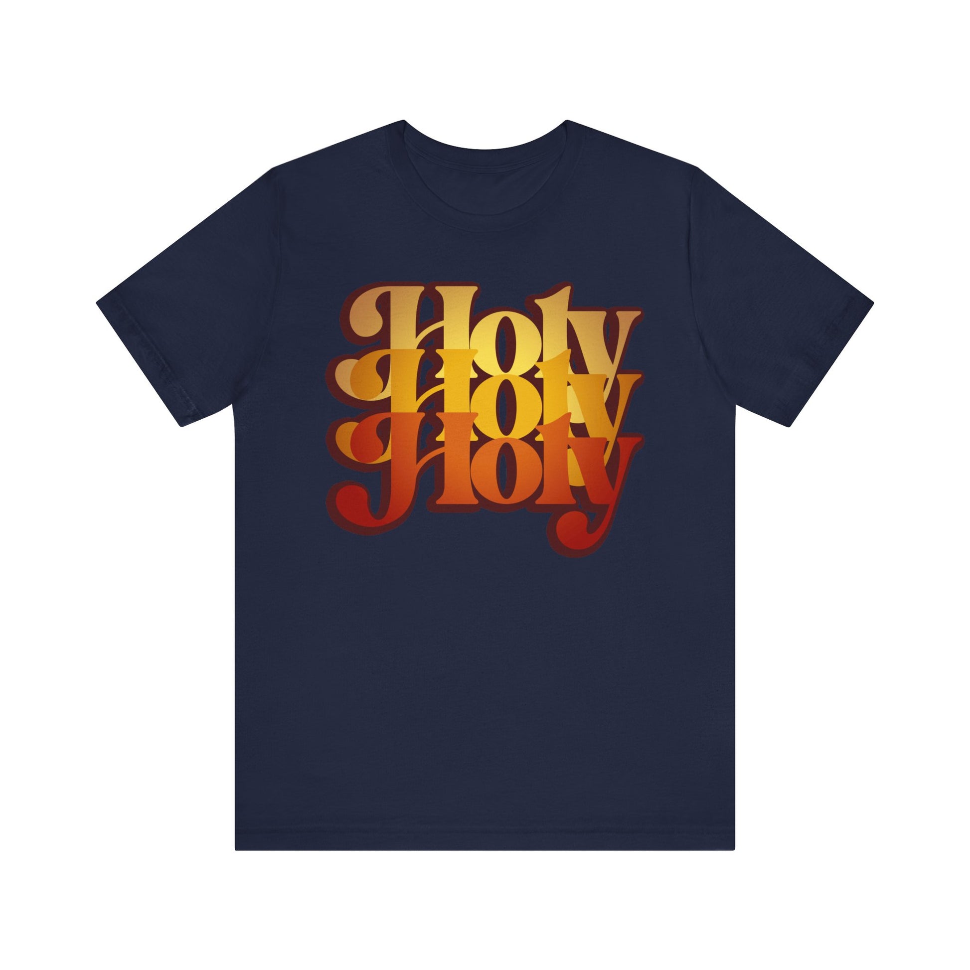 Navy unisex cotton tee featuring bold retro "Holy Holy Holy" 70s-style text, inspired by the Trisagion Prayer (Isaiah 6) and Orthodox tradition.