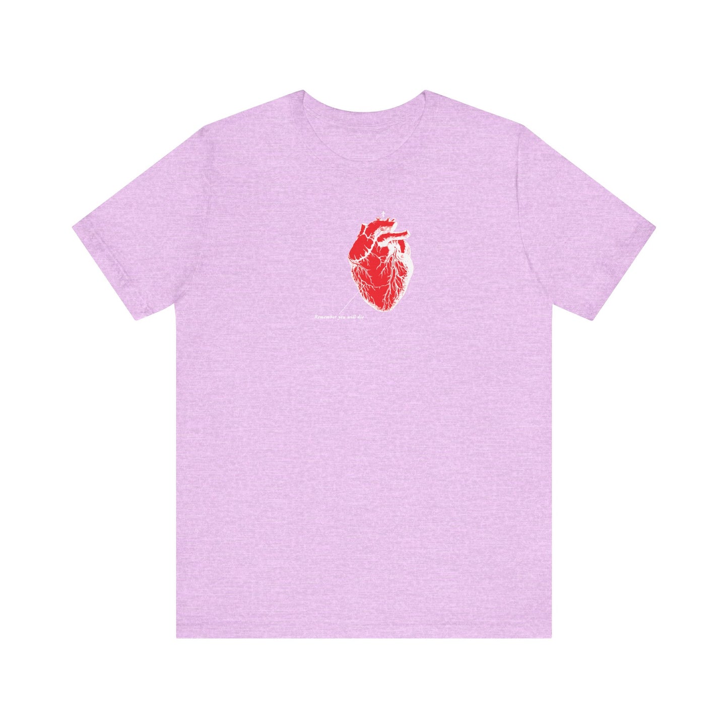 Heather Prism Lilac unisex lightweight cotton t-shirt featuring an antique medical textbook heart graphic at the center, inspired by St John of the Ladder and themes of spiritual mourning, from the "Remember You Will Die | Inverted Shadows" Orthodox Christian collection.