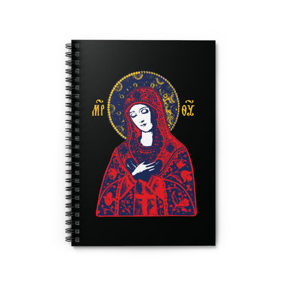 The cover of the "Joy of All Joys Tenderness Theotokos" spiral notebook features a red Orthodox icon of the Virgin Mary, inspired by traditional Christian iconography, with a saintly figure and halo on a black background.