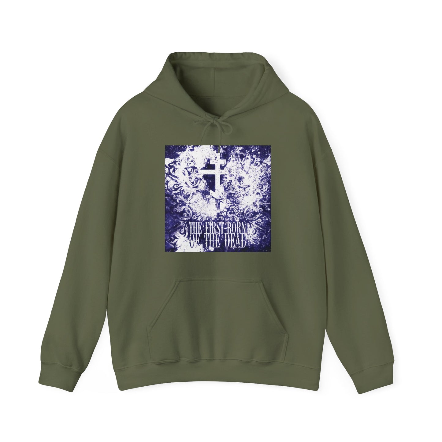 Military green hoodie with glowing white & blue textured cosmic Orthodox cross and “The First-Born of the Dead” text—symbolizing resurrection and apocalypse. Orthodox Christian inspired.