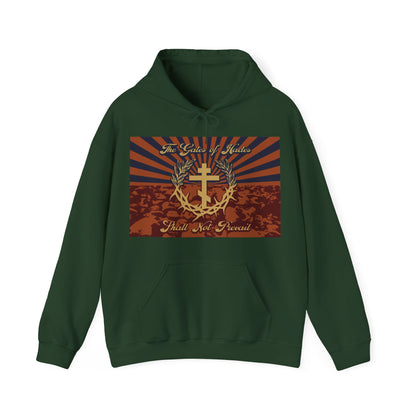 The Gates of Hades Shall Not Prevail | Cross with Wreath & Crown of Thorns | Skulls and Rays | Orthodox Christian Hoodie