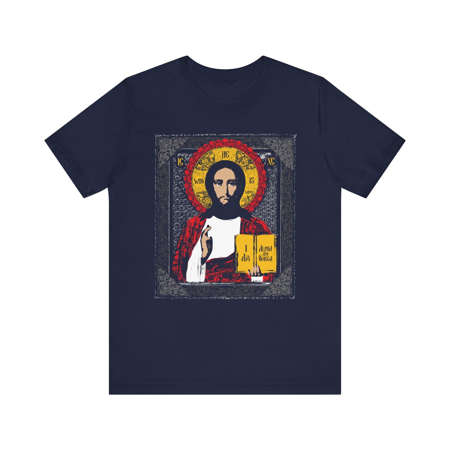 Navy Christ Pantocrator icon t-shirt with halo, book, and "I AM" detail. Lightweight cotton unisex tee featuring ancient icon graphic—He-Who-Is, Alpha and Omega.